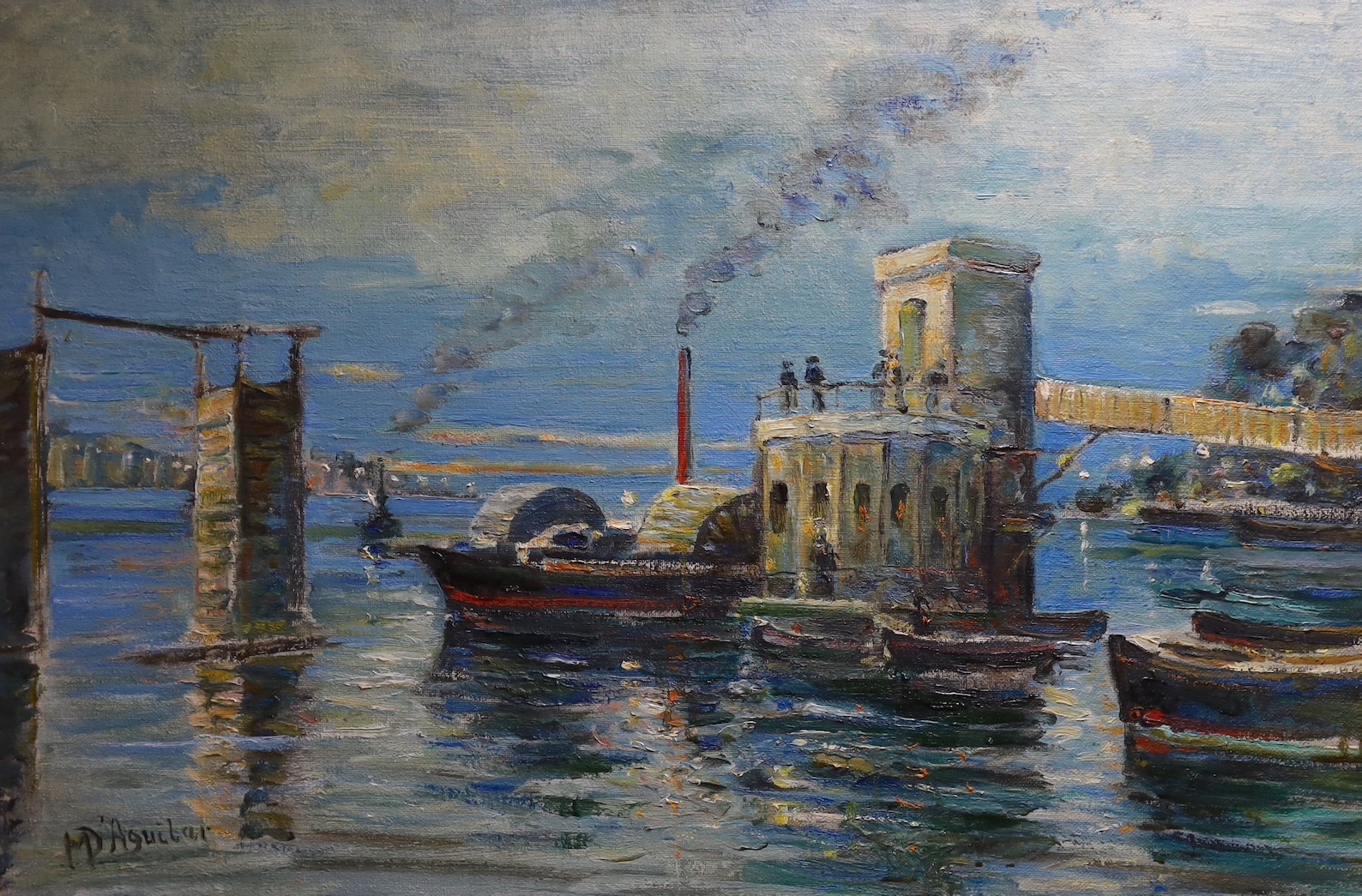 Michael D'Aguilar, (1924-2011), oil on canvas, 'Albert Bridge in 1873, Chelsea', signed and dated '81, 60 x 90cm